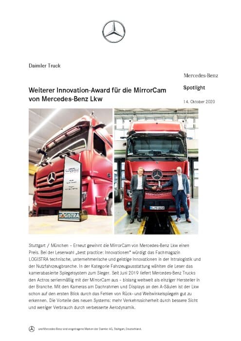 Weiterer Innovation-Award für die MirrorCam von Mercedes-Benz Lkw