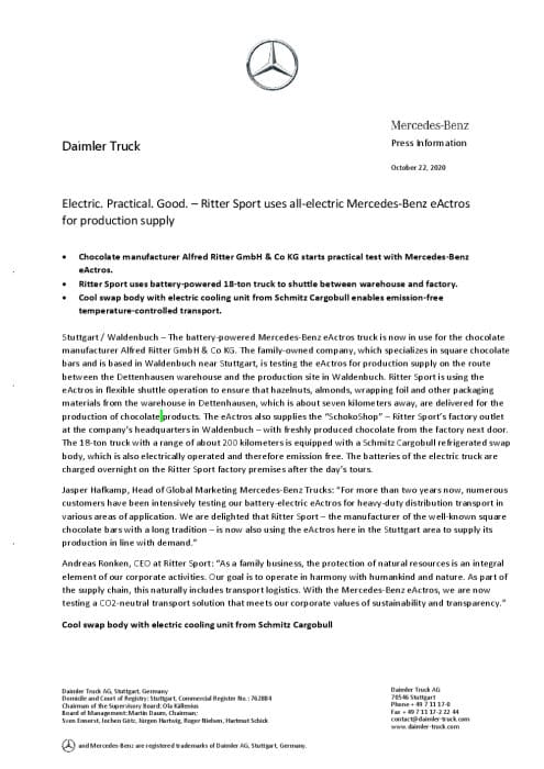 Electric. Practical. Good. – Ritter Sport uses all-electric Mercedes-Benz eActros for production supply