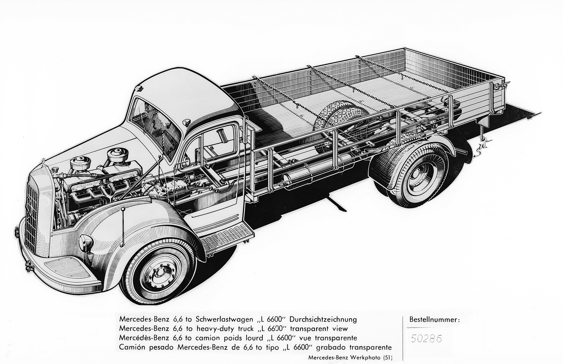 Mercedes-Benz L 6600, Prit schenwagen der Baureihe 304, Durchsichtzeichnung. (Fotosignatur der Mercedes-Benz Archive: 50286) Vor 70 Jahren: Premiere des Schwerlastwagens Mercedes-Benz L 6600 und Omnibus O 6600