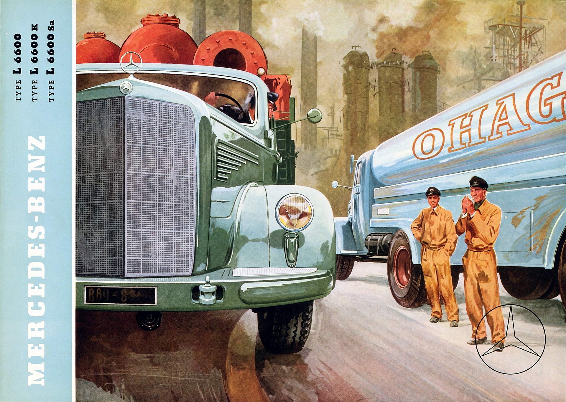 Mercedes-Benz L 6000, L 6000 K und L 6600 Sa der Baureihe 304. Titelseite des Verkaufsprospekts von 1953 mit der Zeichnung einer Transportszene mit Industrieanlagen im Hintergrund. (Fotosignatur der Mercedes-Benz Archive: 1995M5) Vor 70 Jahren: Premiere des Schwerlastwagens Mercedes-Benz L 6600 und Omnibus O 6600