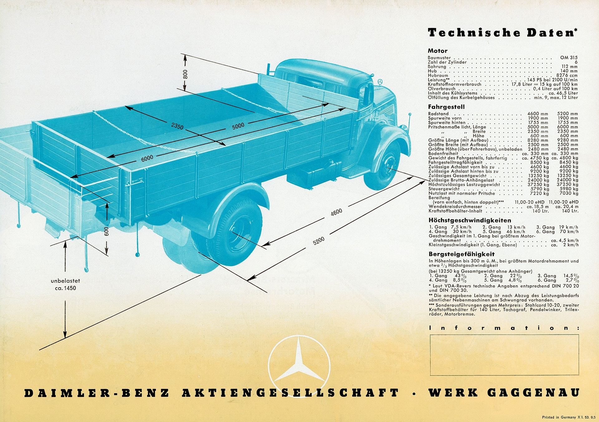 Mercedes-Benz L 6000, L 6000 K und L 6600 Sa der Baureihe 304. Seite aus dem Verkaufsprospekt von 1953 mit technischen Daten und einer Darstellung des Pritschenwagens mit Dimensionen. (Fotosignatur der Mercedes-Benz Archive: 2005DIG642-2) Vor 70 Jahren: Premiere des Schwerlastwagens Mercedes-Benz L 6600 und Omnibus O 6600