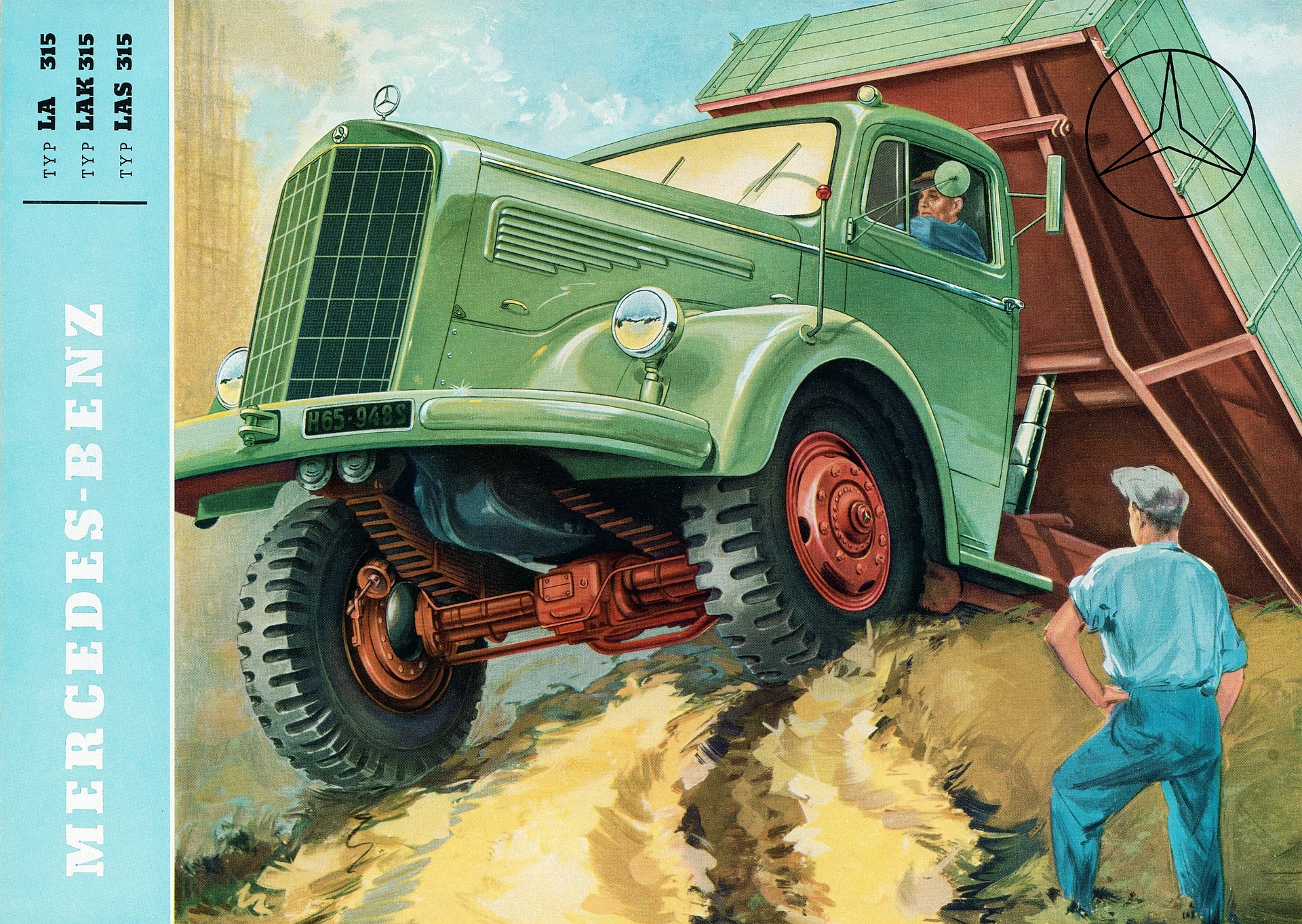 Mercedes-Benz LA 315, LAK 315 und LAS 315 der Baureihe 304, Titelseite des Verkaufsprospekts von 1954 mit der Zeichnung einer Baustellenszene. (Fotosignatur der Mercedes-Benz Archive: 2005DIG643-1) Vor 70 Jahren: Premiere des Schwerlastwagens Mercedes-Benz L 6600 und Omnibus O 6600