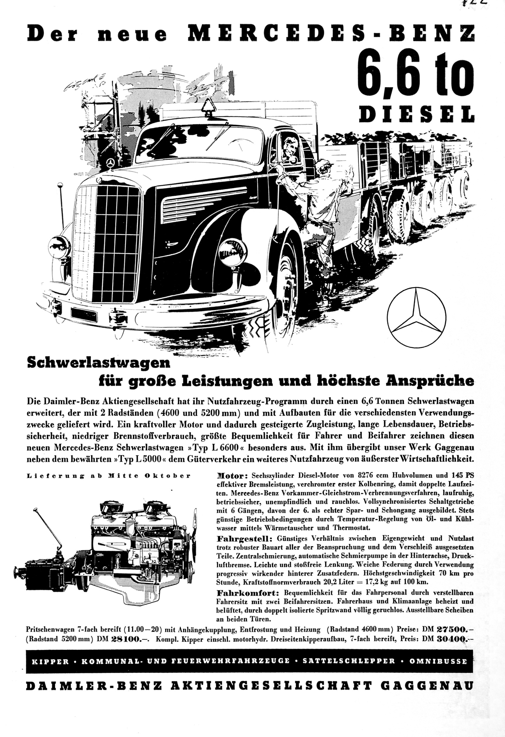 Mercedes-Benz L 6600 der Baureihe 304, Werbeanzeige aus dem Jahr 1950: „Der neue Mercedes-Benz 6,6 to Diesel, Schwerlastwagen für große Leistungen und höchste Ansprüche.“ (Fotosignatur der Mercedes-Benz Archive: 1988M897) Vor 70 Jahren: Premiere des Schwerlastwagens Mercedes-Benz L 6600 und Omnibus O 6600