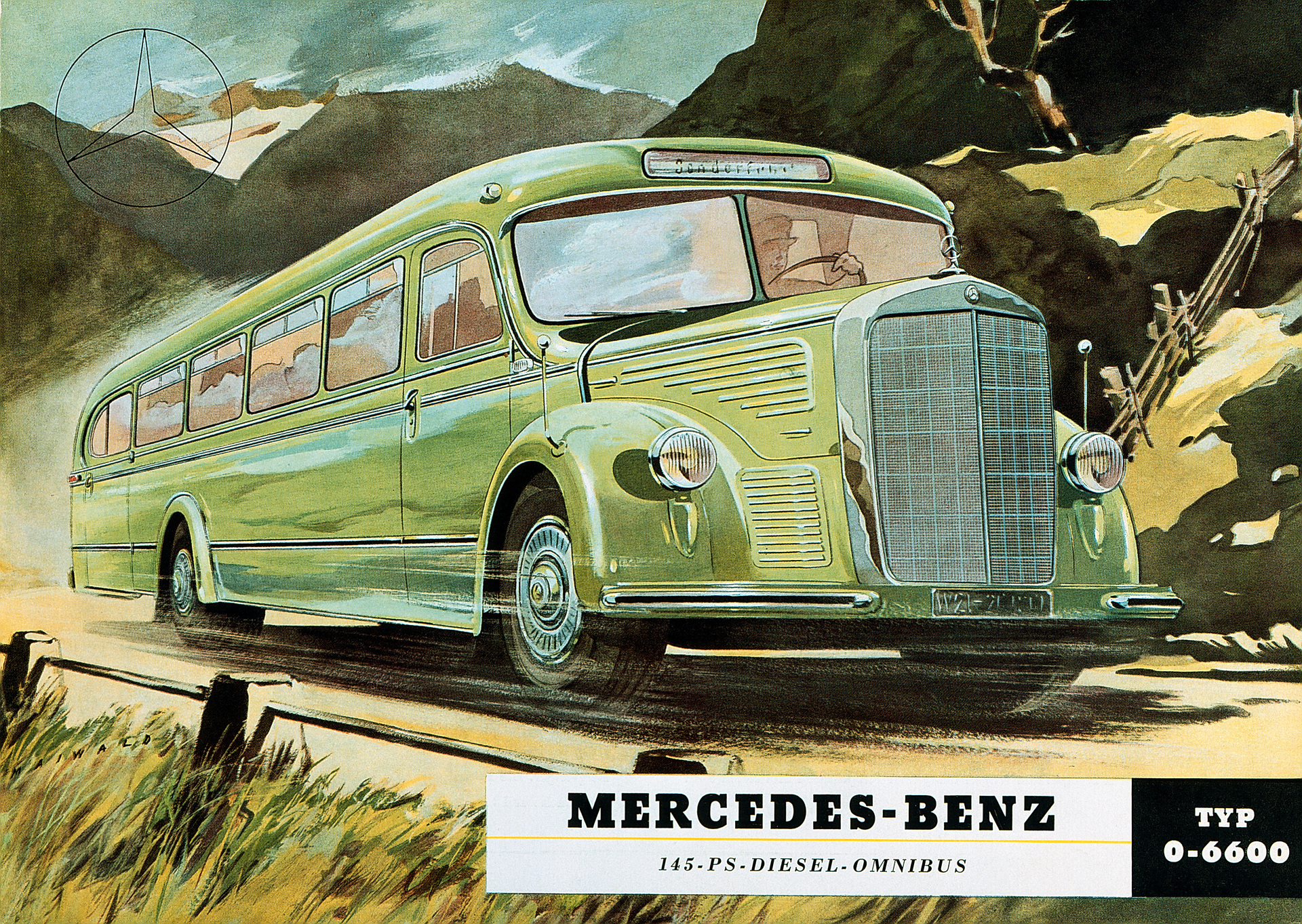 Mercedes-Benz O 6600, Überlandomnibus der Baureihe 304. Titelblatt des Verkaufsprospekts aus dem Jahr 1950. (Fotosignatur der Mercedes-Benz Archive: 1999M35) Vor 70 Jahren: Premiere des Schwerlastwagens Mercedes-Benz L 6600 und Omnibus O 6600