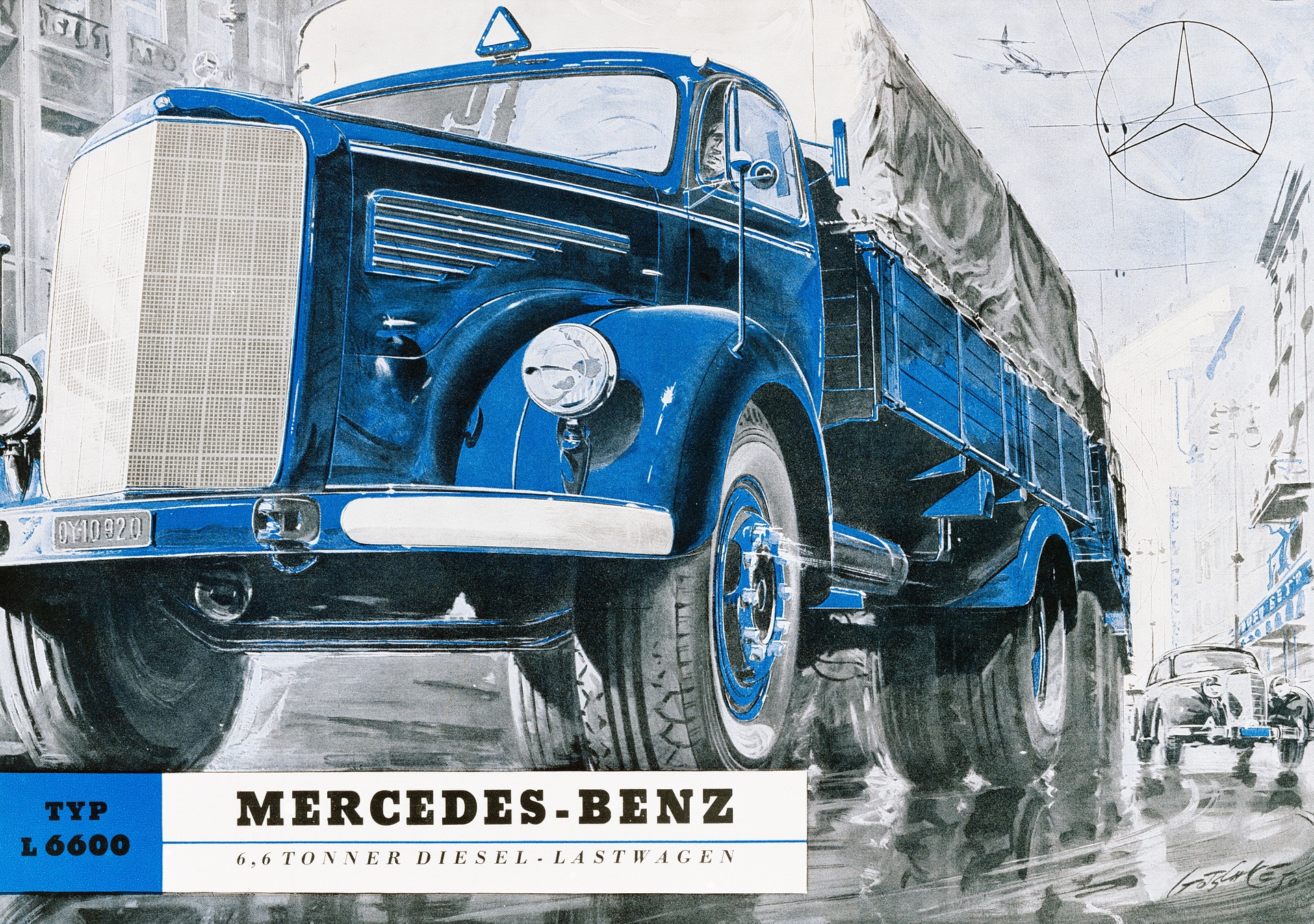 Mercedes-Benz L 6600. Titelseite des Verkaufsprospekts aus dem Jahr 1951 mit einem Pritschenwagen der Baureihe 304 mit Spriegel und Plane samt Anhänger. Zeichnung von Walter Gotschke. (Fotosignatur der Mercedes-Benz Archive B49497) Vor 70 Jahren: Premiere des Schwerlastwagens Mercedes-Benz L 6600 und Omnibus O 6600