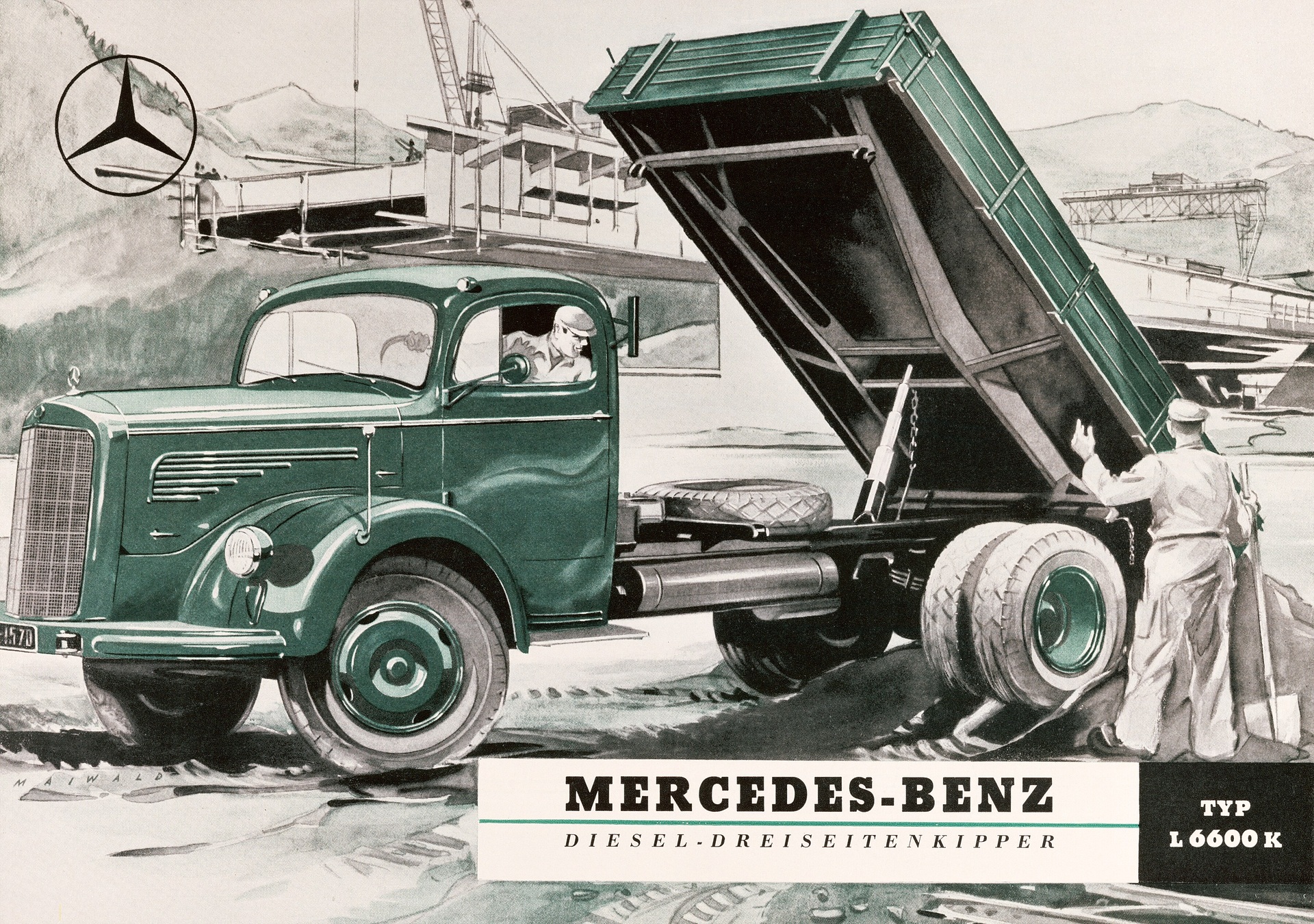 Mercedes-Benz L 6600 K. Titelblatt des Verkaufsprospekts aus dem Jahr 1950 mit einer Zeichnung des L 6600 der Baureihe 304 als Dreiseitenkipper auf der Baustelle. (Fotosignatur der Mercedes-Benz Archive: B49499) Vor 70 Jahren: Premiere des Schwerlastwagens Mercedes-Benz L 6600 und Omnibus O 6600