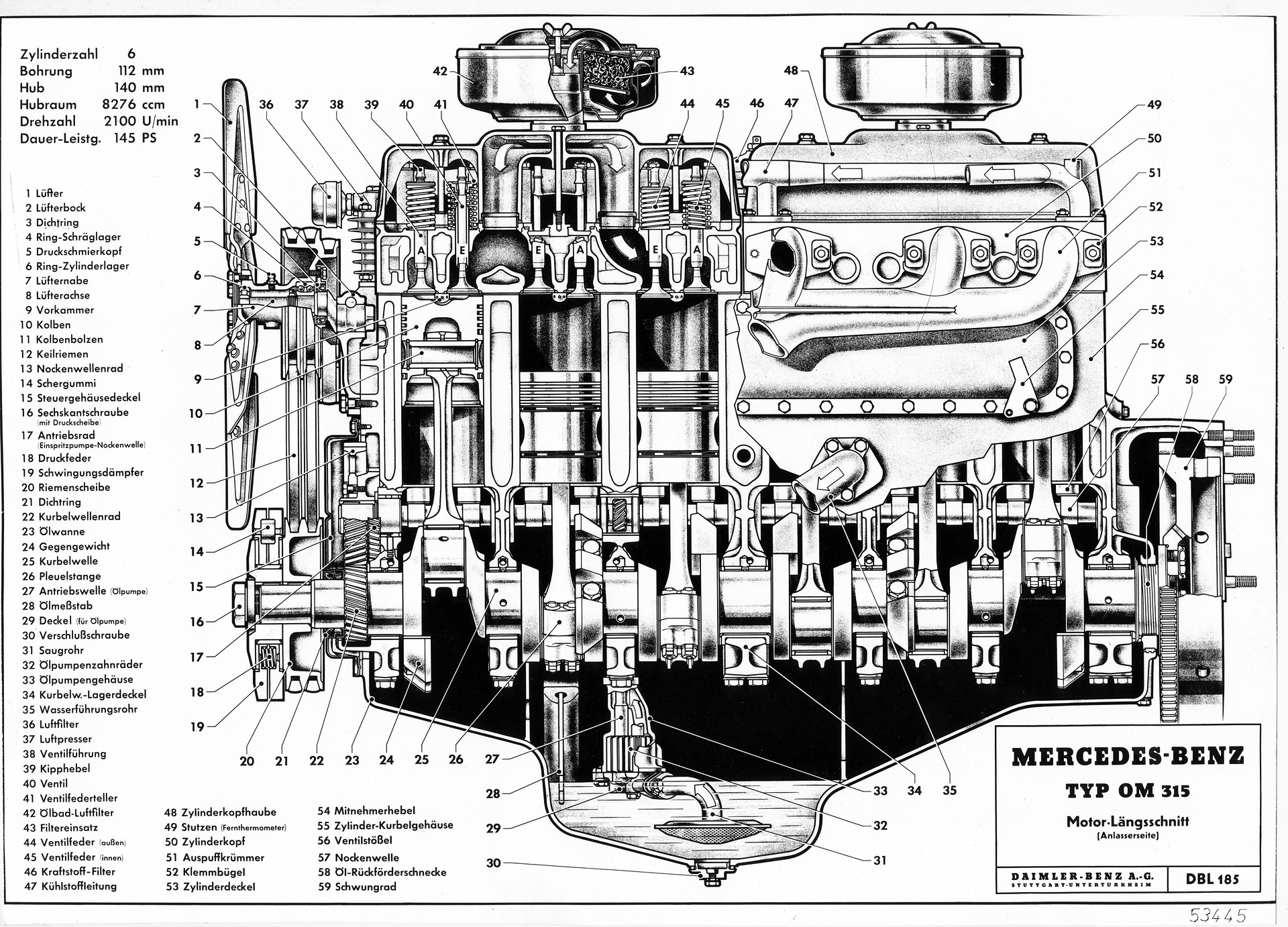 Mercedes-Benz Sechszylinderdieselmotor OM 315 für die Schwerlastwagen der Baureihe 304. Zeichnung des Längsschnitts mit Erläuterung der Komponenten. (Fotosignatur der Mercedes-Benz Archive: 53445) Vor 70 Jahren: Premiere des Schwerlastwagens Mercedes-Benz L 6600 und Omnibus O 6600