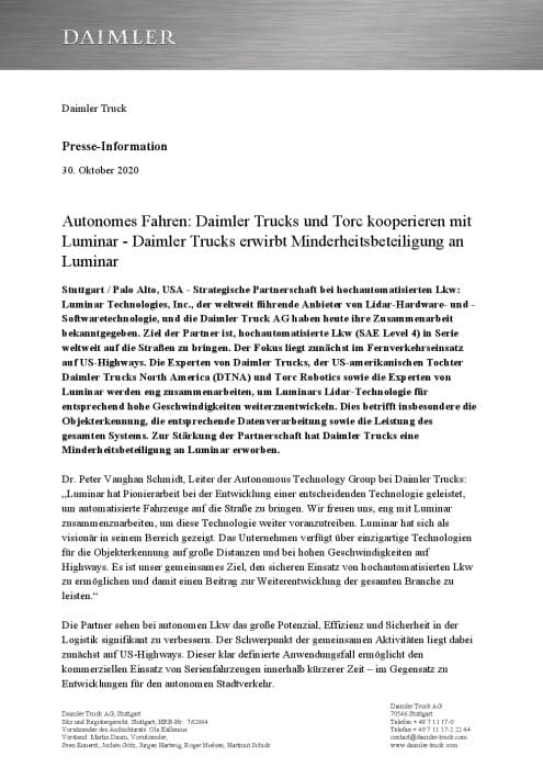 Autonomes Fahren: Daimler Trucks und Torc kooperieren mit Luminar - Daimler Trucks erwirbt Minderheitsbeteiligung an Luminar