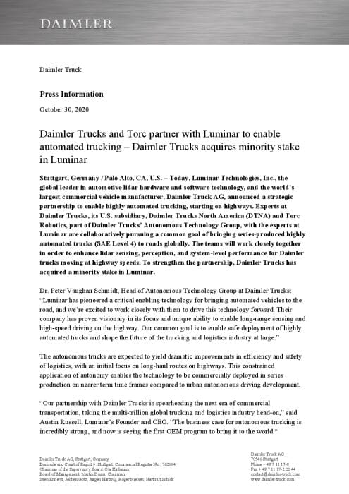Daimler Trucks and Torc partner with Luminar to enable automated trucking – Daimler Trucks acquires minority stake in Luminar