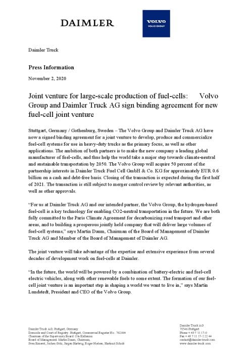 Joint venture for large-scale production of fuel-cells: Volvo Group and Daimler Truck AG sign binding agreement for new fuel-cell joint venture