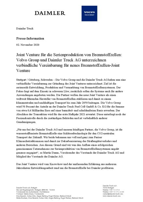 Joint Venture für die Serienproduktion von Brennstoffzellen: Volvo Group und Daimler Truck AG unterzeichnen verbindliche Vereinbarung für neues Brennstoffzellen-Joint Venture