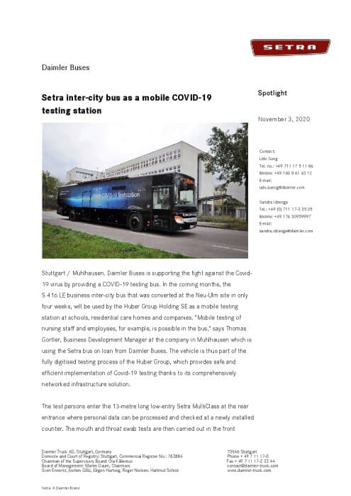 Setra inter-city bus as a mobile COVID-19 testing station