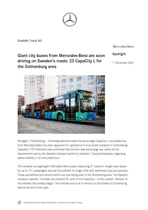 Giant city buses from Mercedes-Benz are soon driving on Sweden's roads: 23 CapaCity L for the Gothenburg area