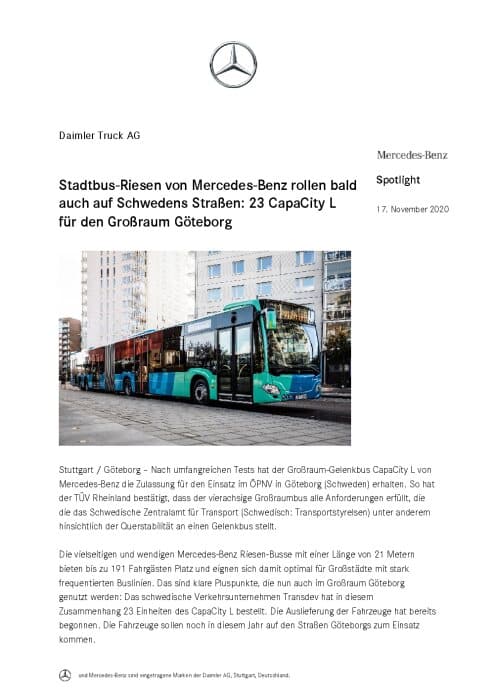 Stadtbus-Riesen von Mercedes-Benz rollen bald auch auf Schwedens Straßen: 23 CapaCity L für den Großraum Göteborg