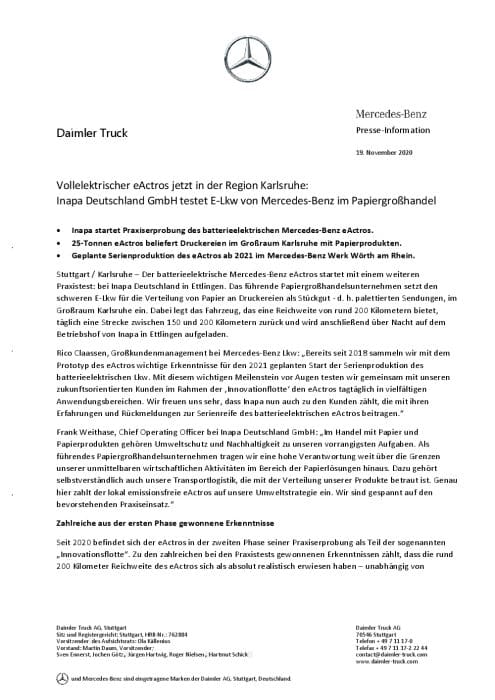 Vollelektrischer eActros jetzt in der Region Karlsruhe: Inapa Deutschland GmbH testet E-Lkw von Mercedes-Benz im Papiergroßhandel