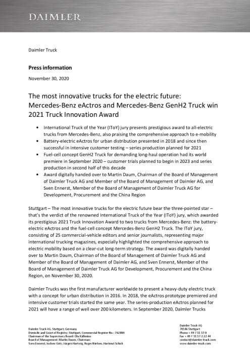 The most innovative trucks for the electric future:  Mercedes-Benz eActros and Mercedes-Benz GenH2 Truck win 2021 Truck Innovation Award