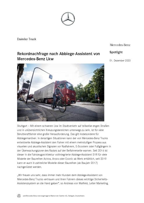 Rekordnachfrage nach Abbiege-Assistent von Mercedes-Benz Lkw