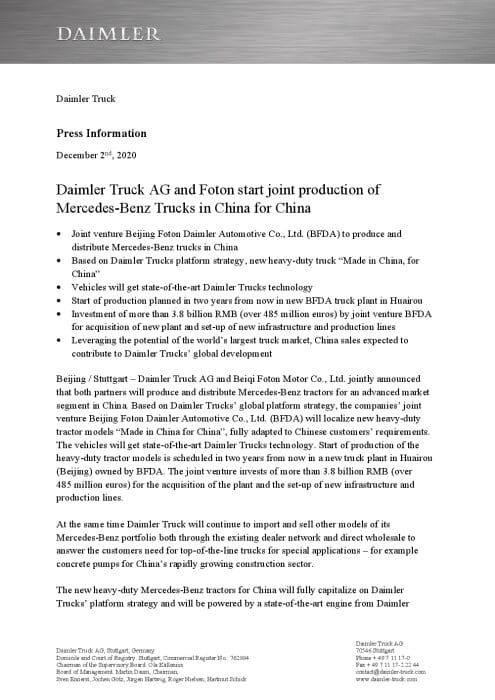 Daimler Truck AG and Foton start joint production of Mercedes-Benz Trucks in China for China