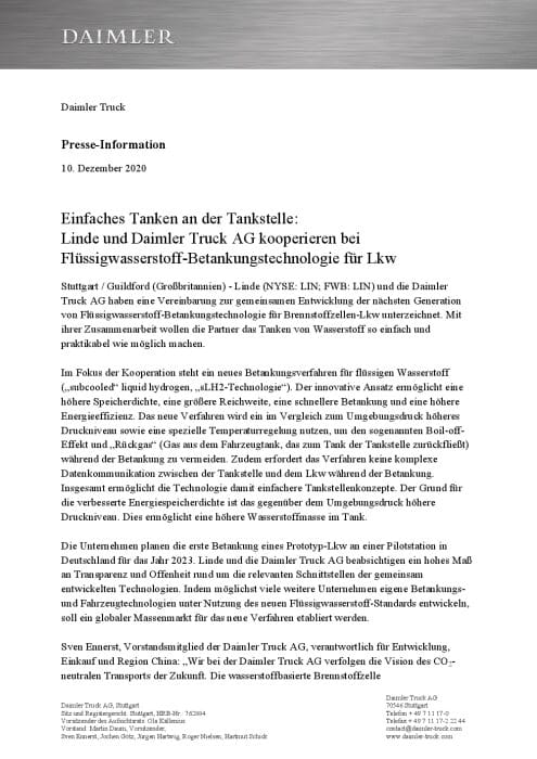 Einfaches Tanken an der Tankstelle: Linde und Daimler Truck AG kooperieren bei Flüssigwasserstoff-Betankungstechnologie für Lkw