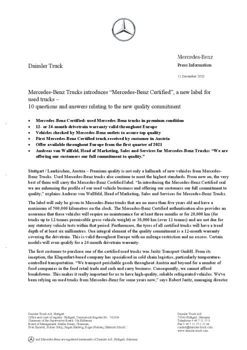 Mercedes-Benz Trucks introduces “Mercedes-Benz Certified”, a new label for used trucks – 10 questions and answers relating to the new quality commitment