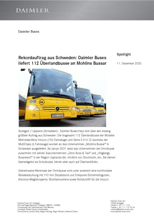 Rekordauftrag aus Schweden: Daimler Buses liefert 112 Überlandbusse an Mohlins Bussar