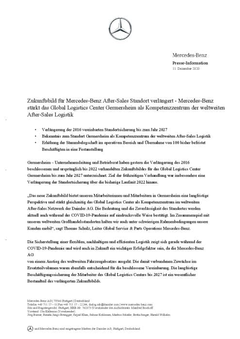 Zukunftsbild für Mercedes-Benz After-Sales Standort verlängert - Mercedes-Benz stärkt das Global Logistics Center Germersheim als Kompetenzzentrum der weltweiten After-Sales Logistik