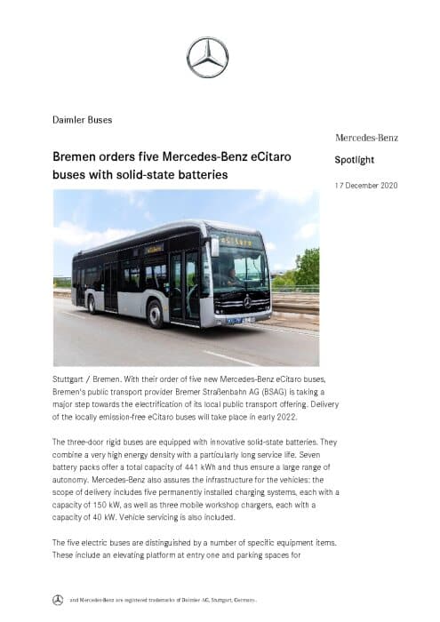 Bremen orders five Mercedes-Benz eCitaro buses with solid-state batteries