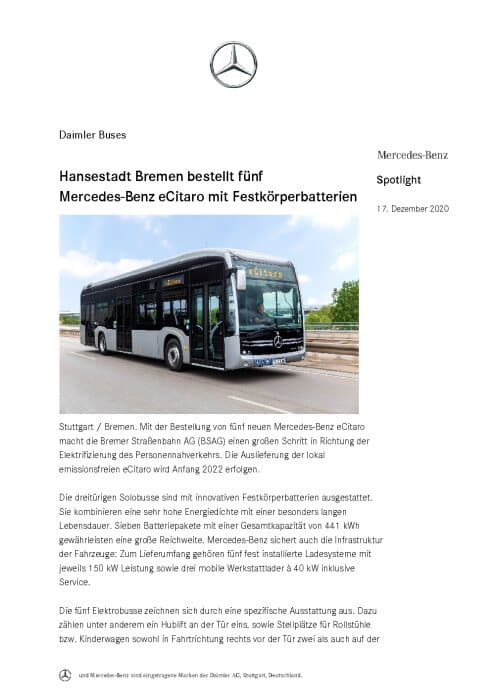 Hansestadt Bremen bestellt fünf Mercedes-Benz eCitaro mit Festkörperbatterien
