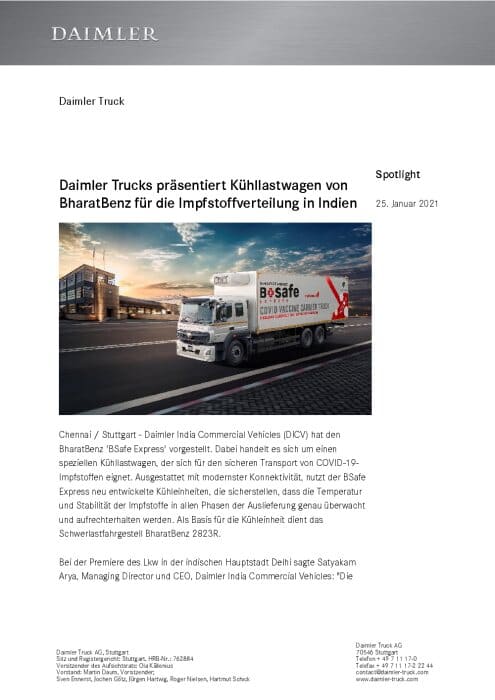 Daimler Trucks präsentiert Kühllastwagen von BharatBenz für die Impfstoffverteilung in Indien