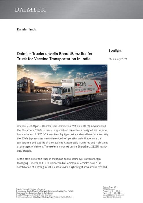 Daimler Trucks unveils BharatBenz Reefer Truck for Vaccine Transportation in India