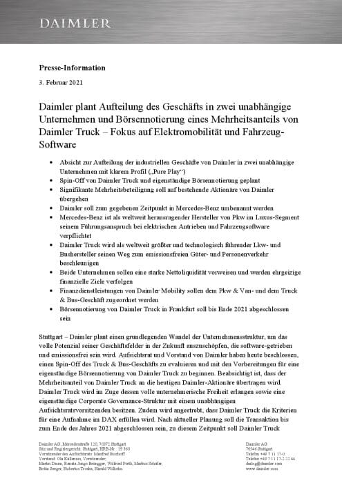 Daimler plant Aufteilung des Geschäfts in zwei unabhängige Unternehmen und Börsennotierung eines Mehrheitsanteils von Daimler Truck – Fokus auf Elektromobilität und Fahrzeug-Software