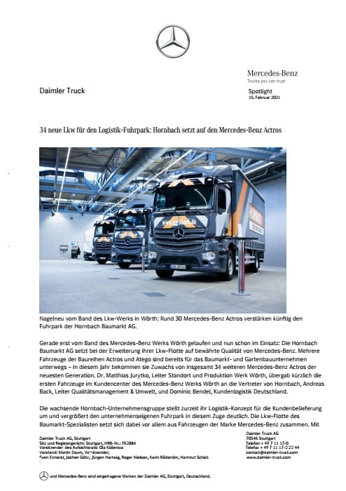 34 neue Lkw für den Logistik-Fuhrpark: Hornbach setzt auf den Mercedes-Benz Actros