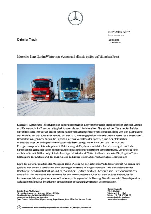 Mercedes-Benz Lkw im Wintertest: eActros und eEconic treffen auf Väterchen Frost