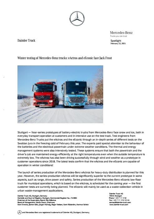 Winter testing of Mercedes-Benz trucks: eActros and eEconic face Jack Frost