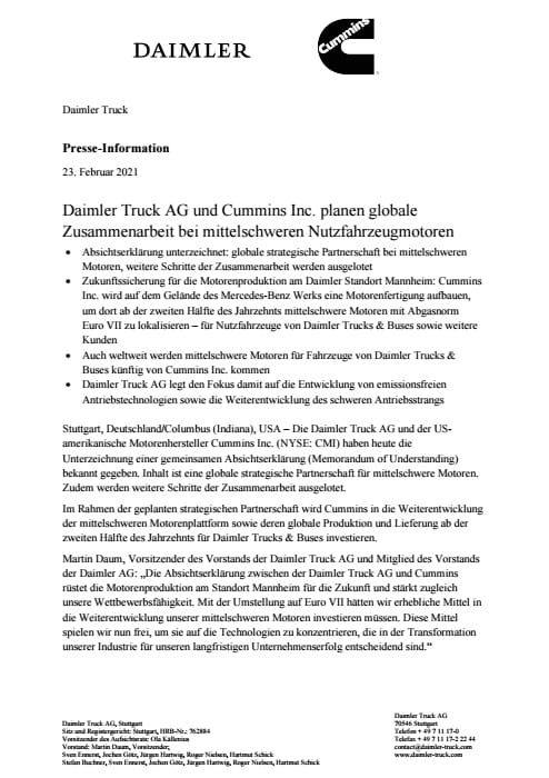 Daimler Truck AG und Cummins Inc. planen globale Zusammenarbeit bei mittelschweren Nutzfahrzeugmotoren