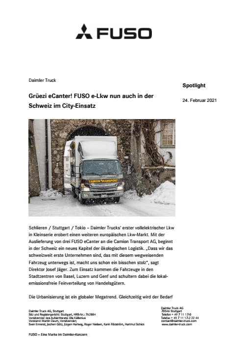 Grüezi eCanter! FUSO e-Lkw nun auch in der Schweiz im City-Einsatz