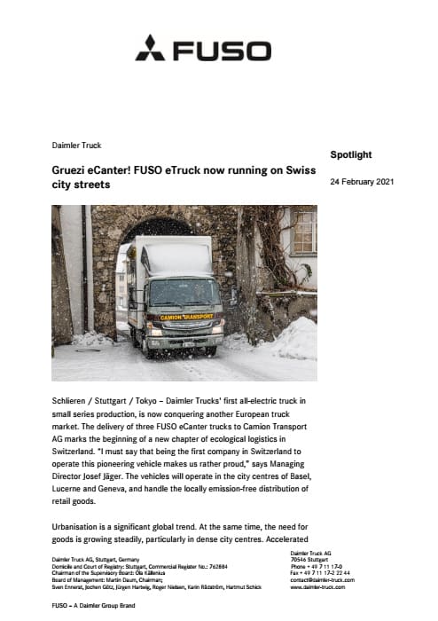 Gruezi eCanter! FUSO eTruck now running on Swiss city streets
