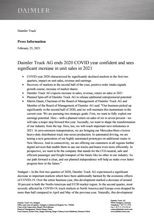 Daimler Truck AG ends 2020 COVID year confident and sees significant increase in unit sales in 2021