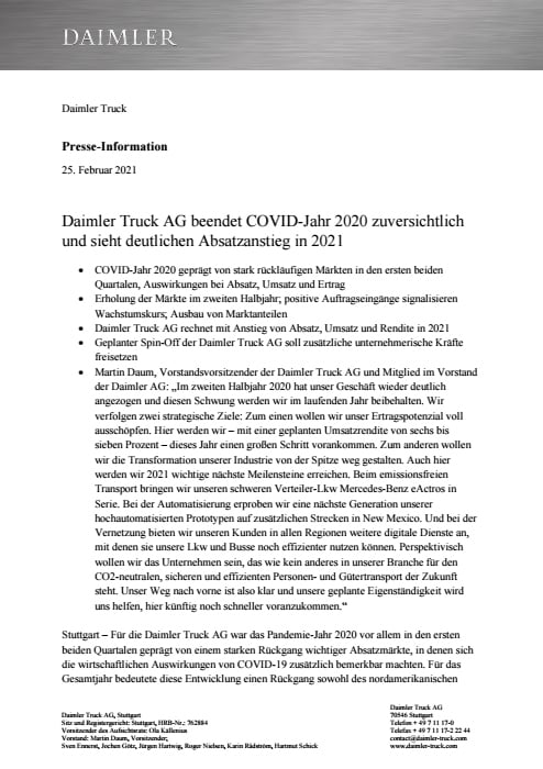 Daimler Truck AG beendet COVID-Jahr 2020 zuversichtlich und sieht deutlichen Absatzanstieg in 2021