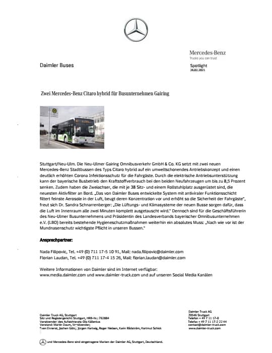 Zwei Mercedes-Benz Citaro hybrid für Busunternehmen Gairing