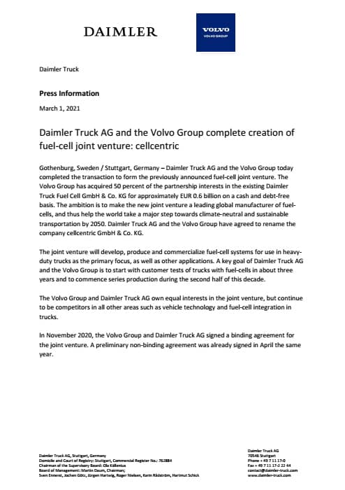 Daimler Truck AG and the Volvo Group complete creation of fuel-cell joint venture: cellcentric