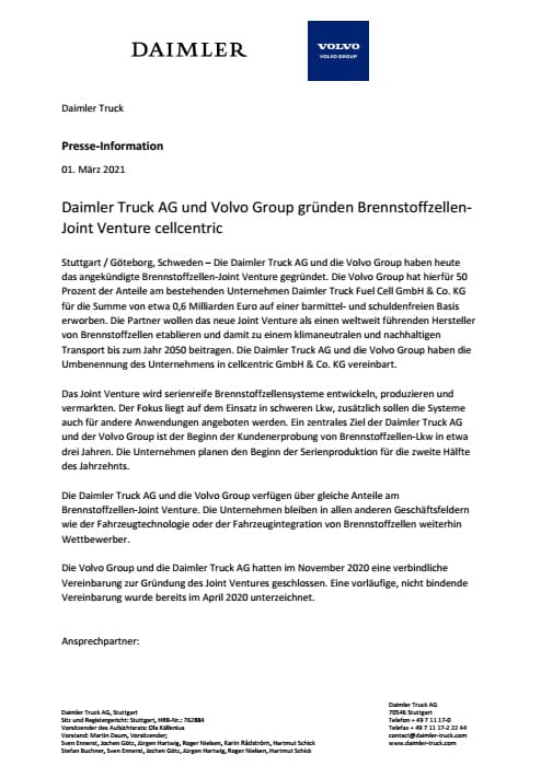 Daimler Truck AG und Volvo Group gründen Brennstoffzellen-Joint Venture cellcentric