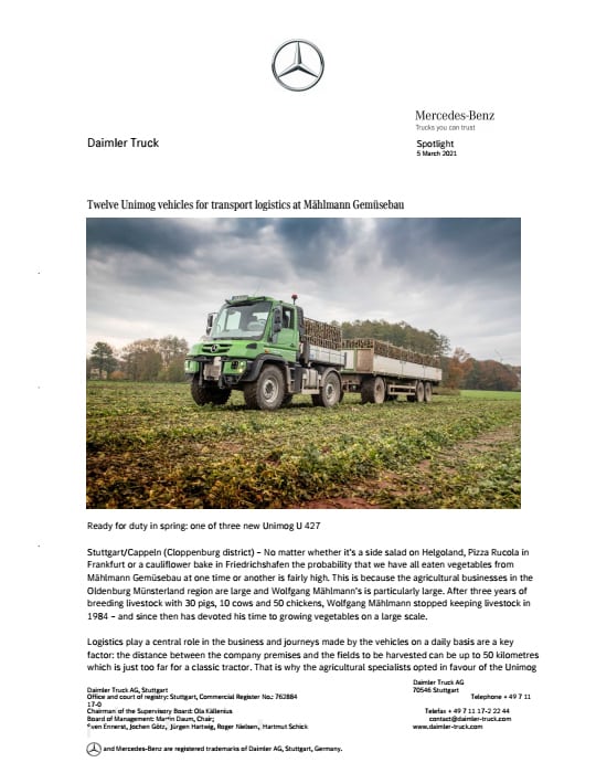Twelve Unimog vehicles for transport logistics at Mählmann Gemüsebau