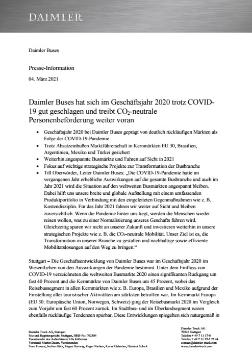 Daimler Buses hat sich im Geschäftsjahr 2020 trotz COVID-19 gut geschlagen und treibt CO2-neutrale Personenbeförderung weiter voran