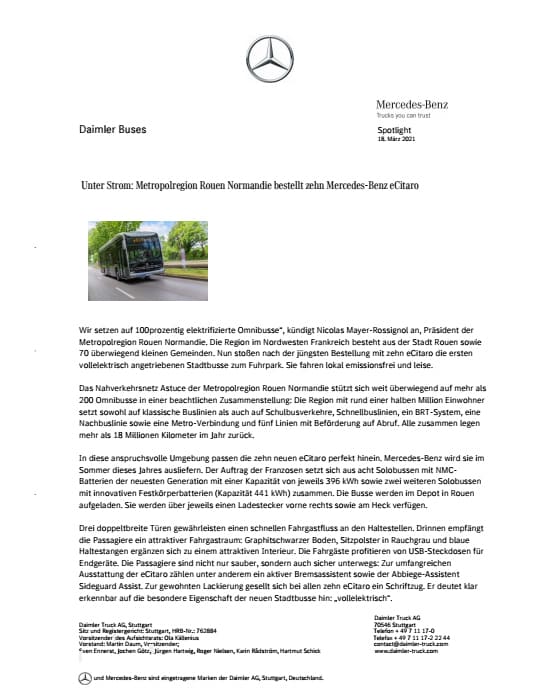 Unter Strom: Metropolregion Rouen Normandie bestellt zehn Mercedes-Benz eCitaro