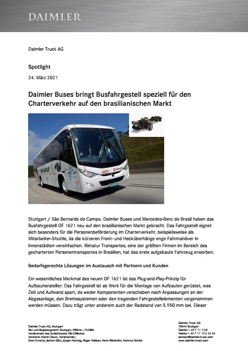 Daimler Buses bringt Busfahrgestell speziell für den Charterverkehr auf den brasilianischen Markt