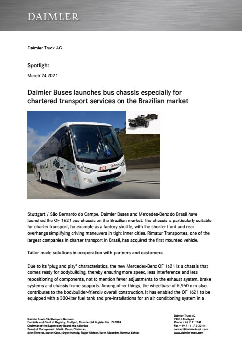 Daimler Buses launches bus chassis especially for chartered transport services on the Brazilian market