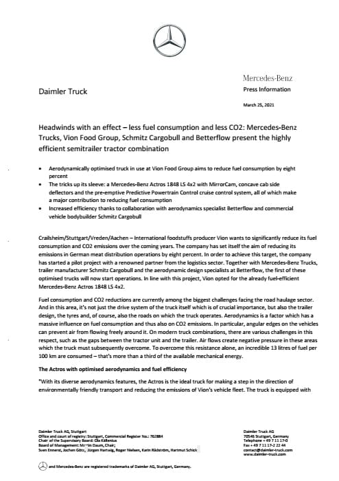 Headwinds with an effect – less fuel consumption and less CO2: Mercedes-Benz Trucks, Vion Food Group, Schmitz Cargobull and Betterflow present the highly efficient semitrailer tractor combination