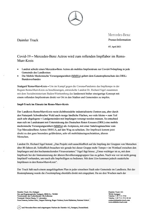 Covid-19 – Mercedes-Benz Actros wird zum rollenden Impflabor im Rems-Murr-Kreis