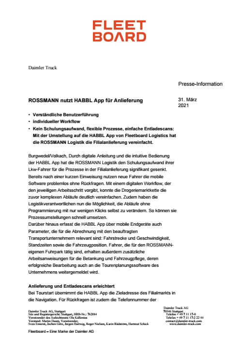 ROSSMANN nutzt HABBL App für Anlieferung